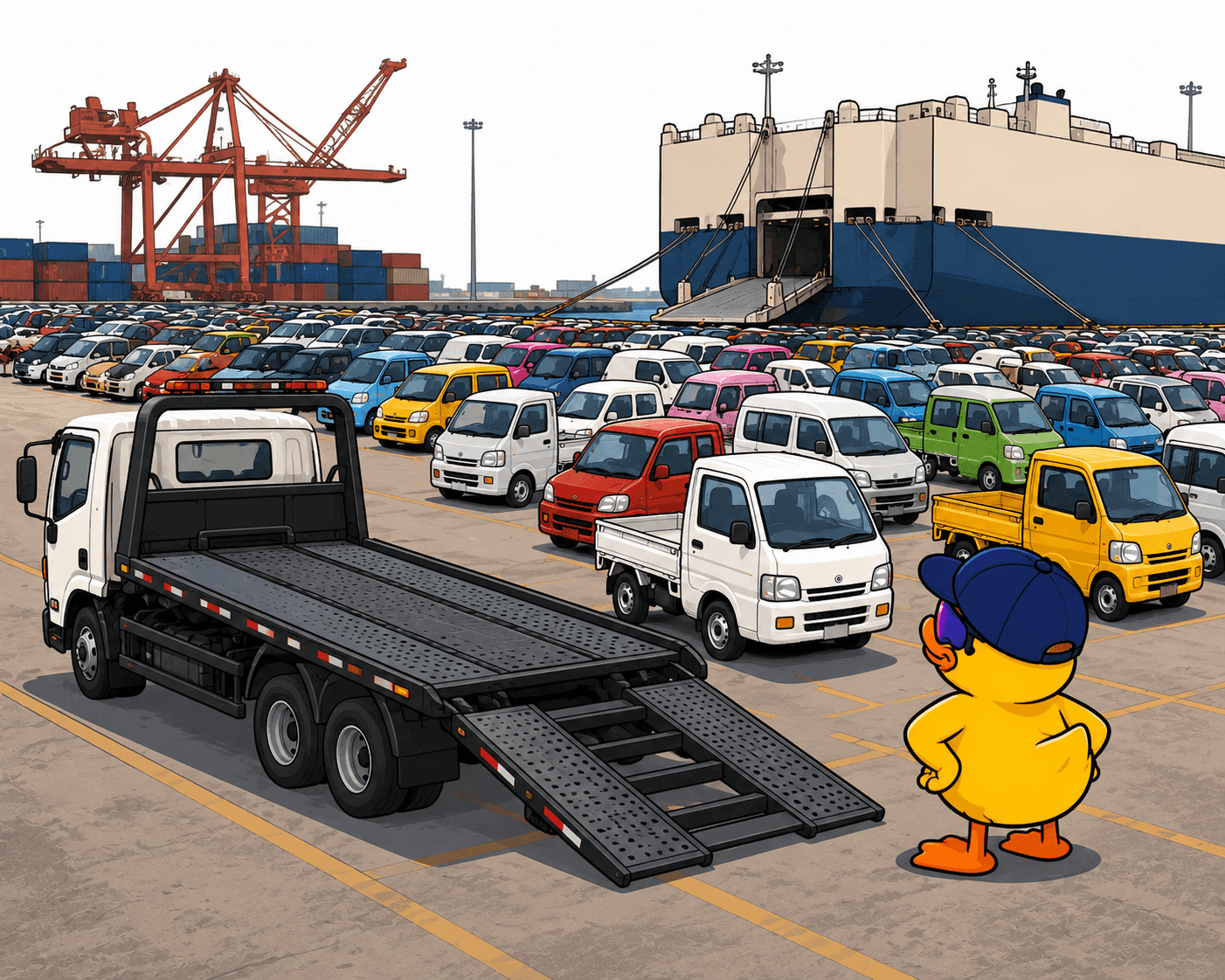 Simply Floatin duck at the port, with a flatbed tow truck and rows of imported vehicles ready for pickup