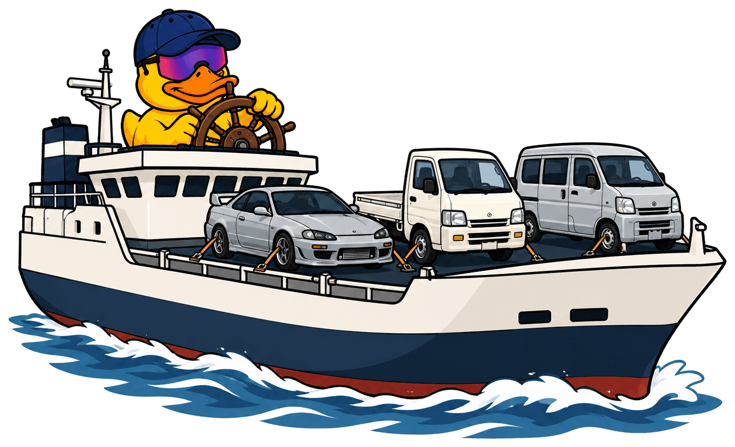 The Simply Floatin duck at the helm of a cargo ship, carrying a JDM sports car, Kei truck, and van across the ocean